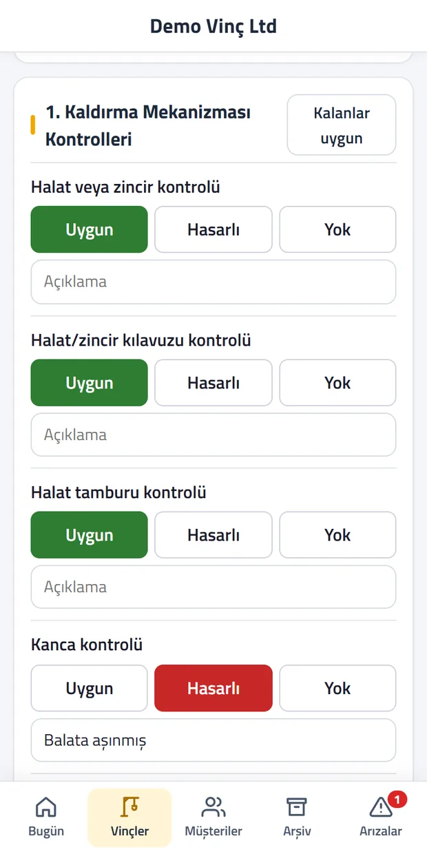 Telefonda bakım formu: madde madde uygun ve hasarlı seçimi