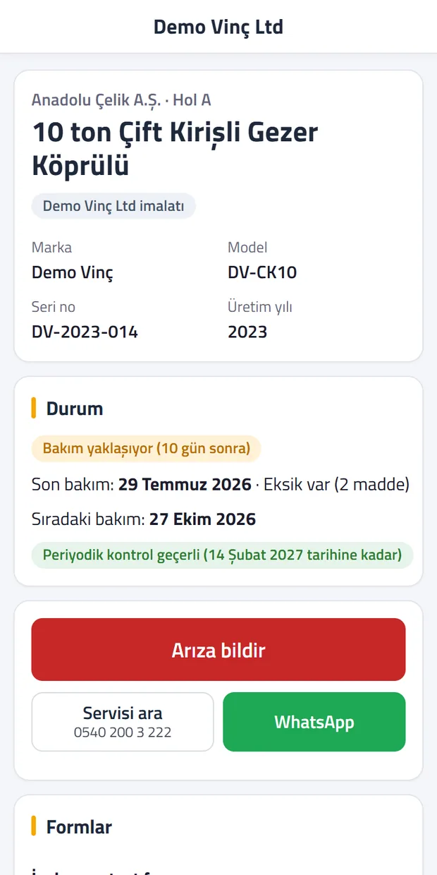 Vinçteki QR okutulunca açılan vinç kartı